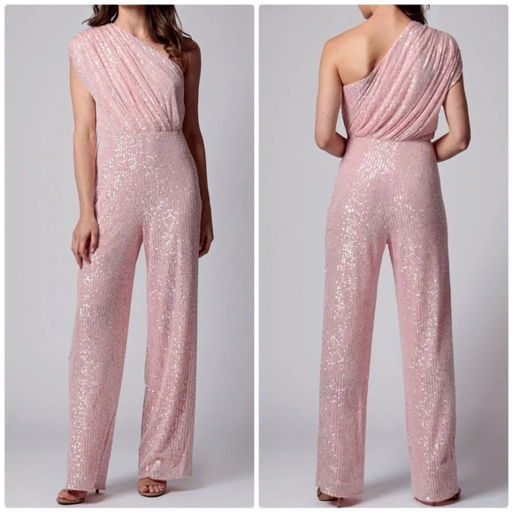 Jay Godfrey Georgia Sequin Sz 6 One Shoulder Wide Leg Pink Jumpsuit - Picture 1 of 6